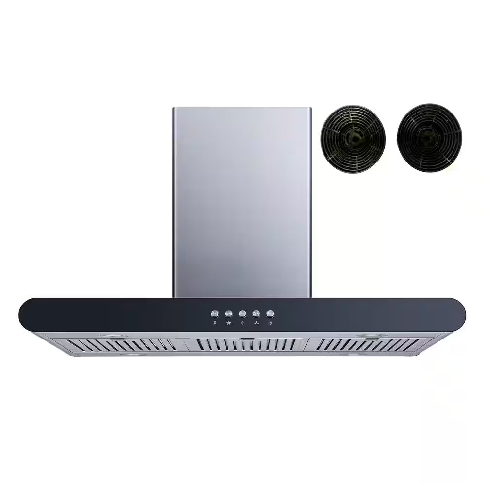 36 In. Convertible Island Mount Range Hood in Stainless Steel with Stainless Steel Baffle Filters and Carbon Filters