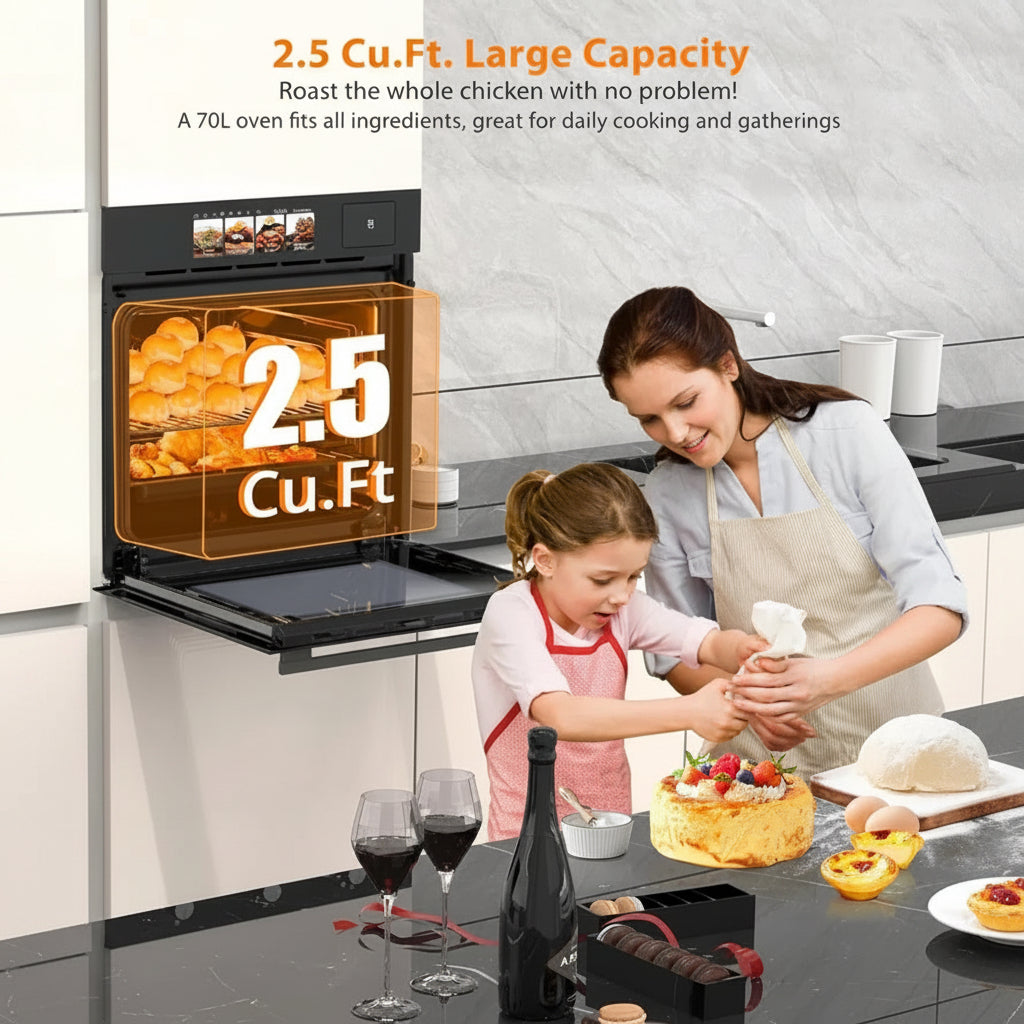 24" Built-In Electric Wall Oven with Convection, Steam, Grill & Air Fry – 2.5 Cu.Ft Stainless Steel Interior, Touchscreen Control, Modern Kitchen Appliance (240V)